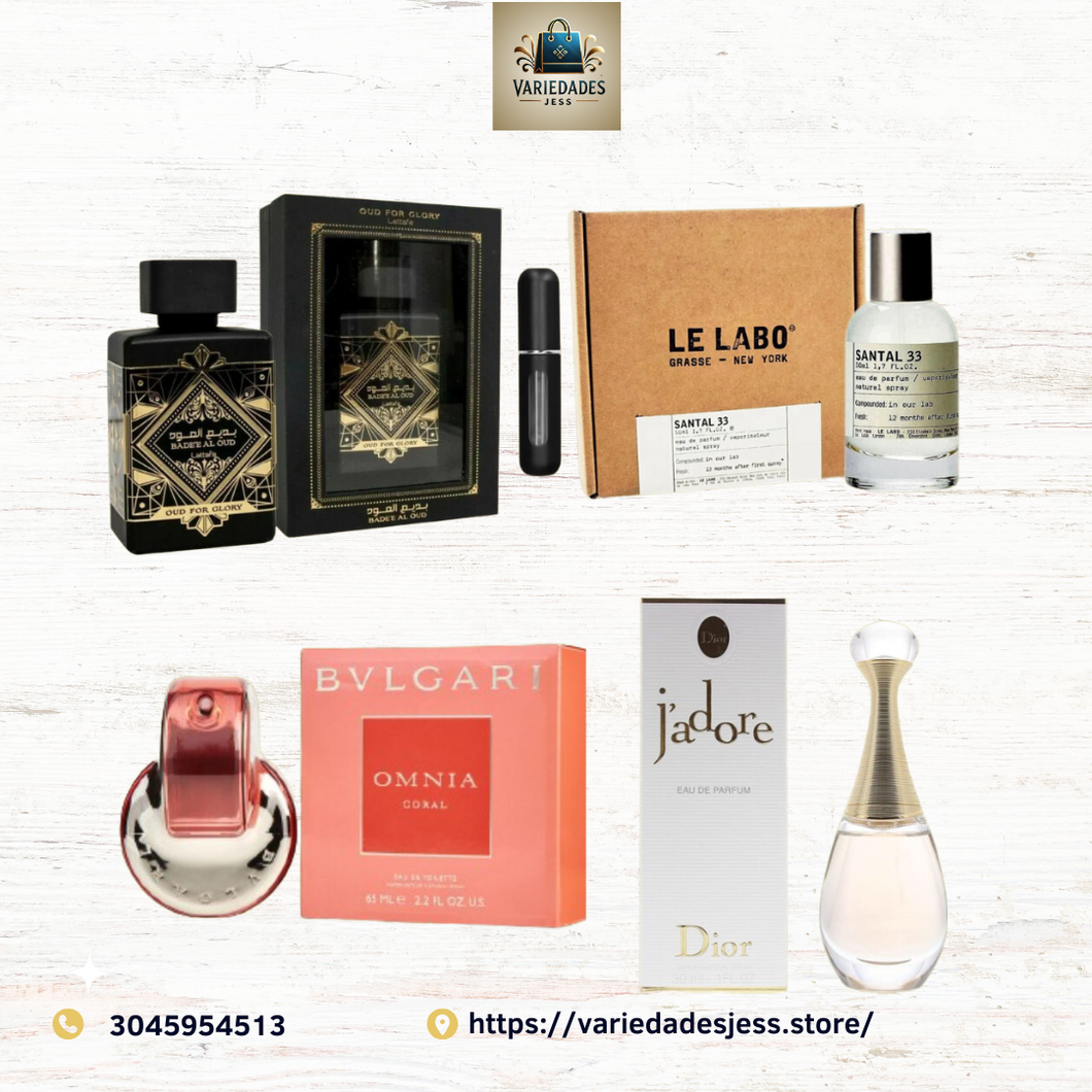 ✨ Kit Exclusivo de Perfumería de Lujo - Oud For Glory + Le Labo Santal 33 + Bvlgari Omnia Coral + J’adore Dior + Perfumero Recargable ✨