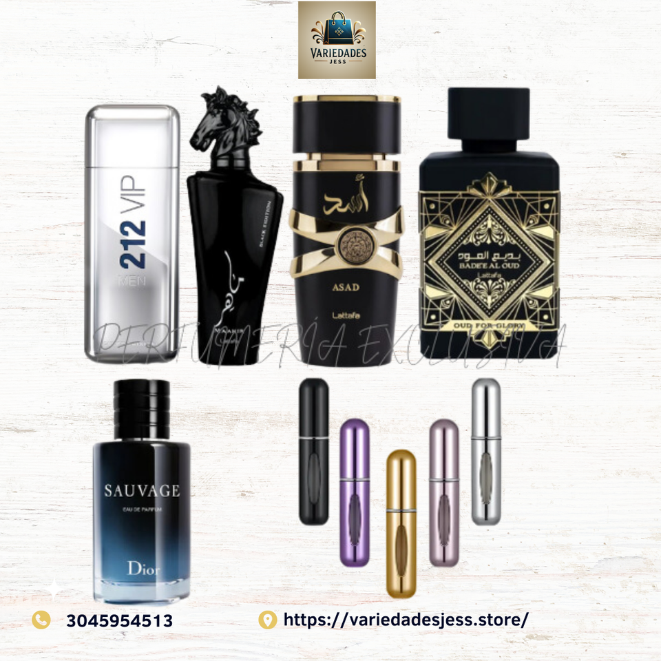 ✨ Set Exclusivo de Perfumería Masculina - 212 VIP Men + Maahir + Asad + Oud For Glory + Sauvage + Perfumeros Recargables ✨