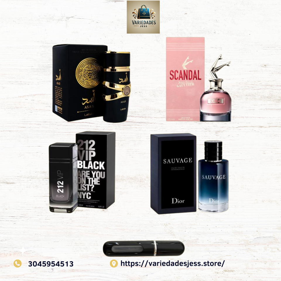 🌟 Set de Perfumes Exclusivos – Asad, Scandal, 212 VIP Black & Sauvage 🌟